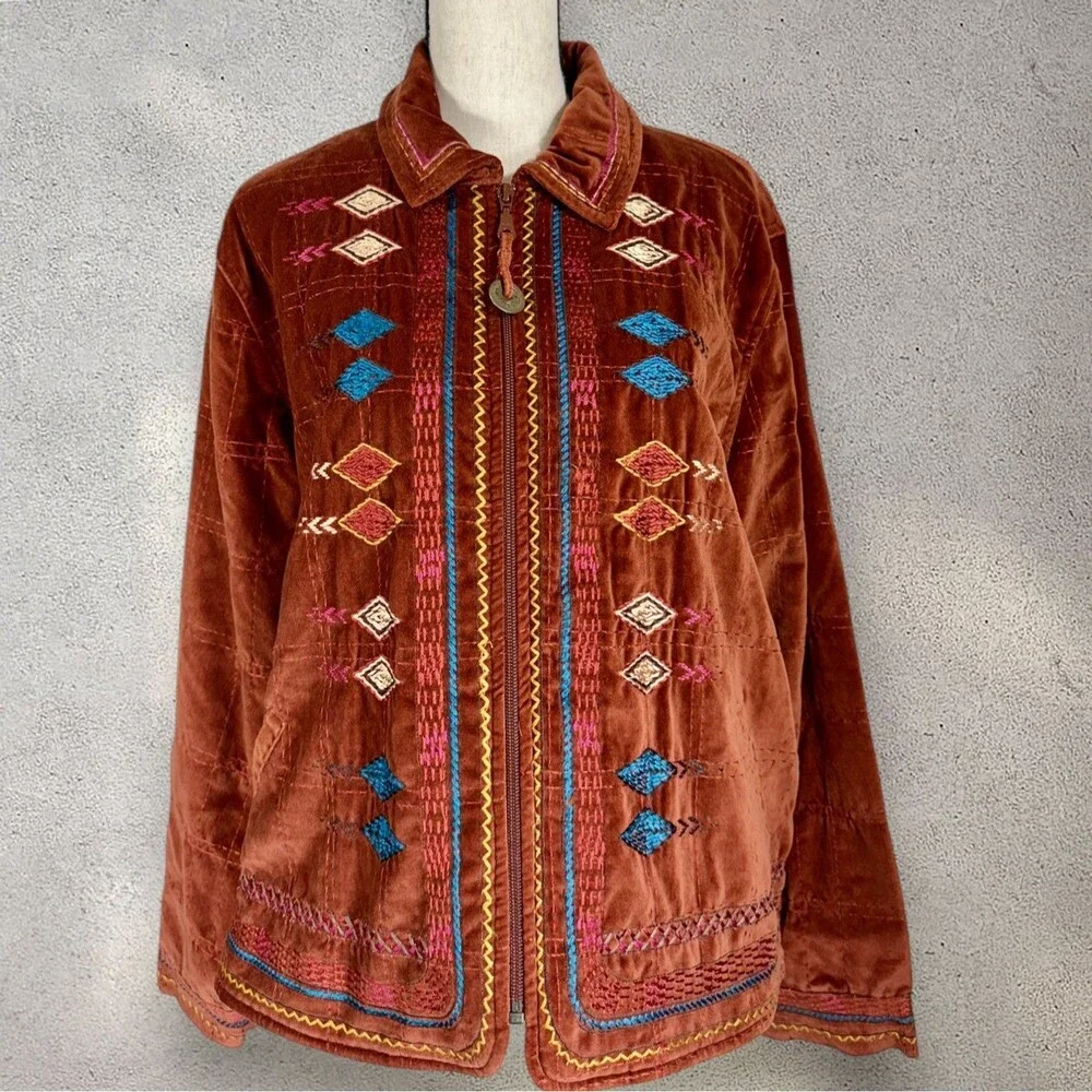 Coldwater Creek New Deadstock Southwestern Rust Velvet Embroidered‎ Jacket P-XL
